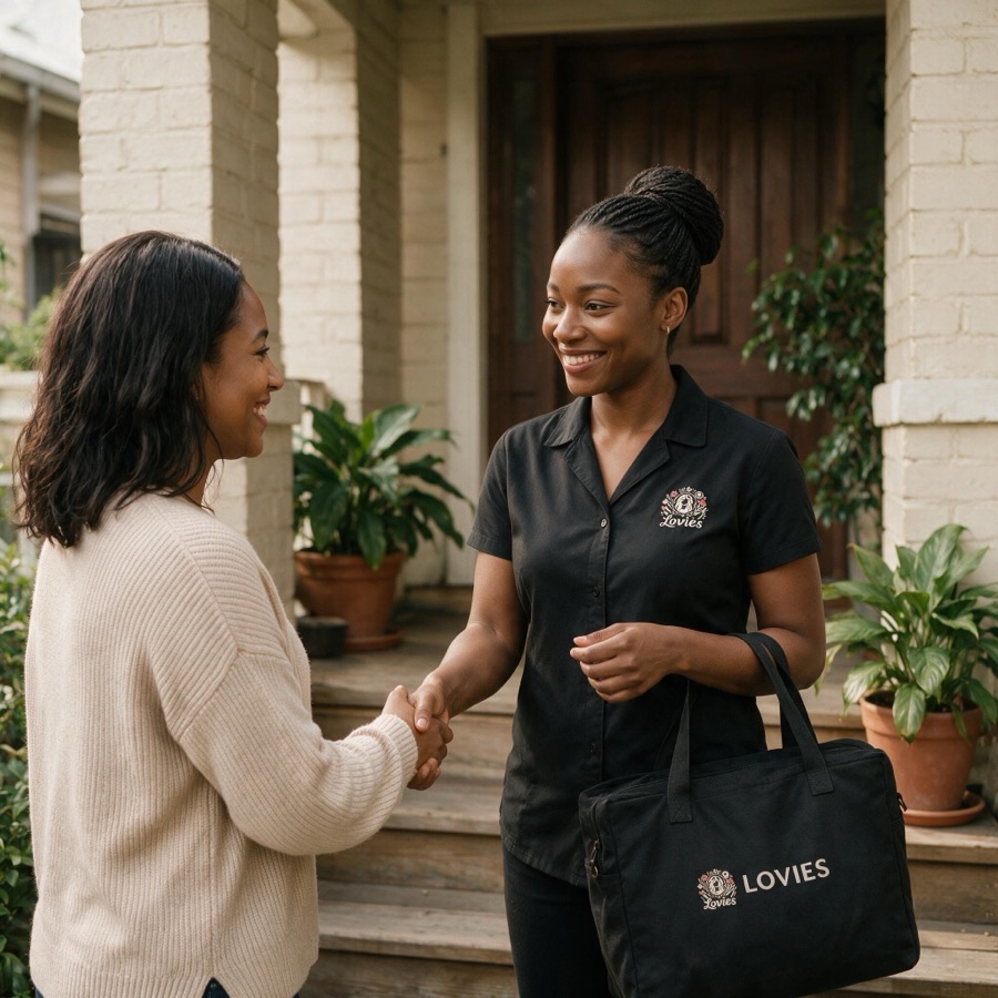 A Lovies professional greeting a client at her front door